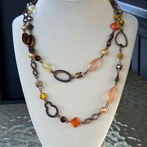 VTG Boho Layered Necklace Copper‎ Tone Beaded Statement Fashion Jewelry